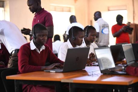 Students attend an online class at Assumpta Girls High School in Adjumani district, Uganda.